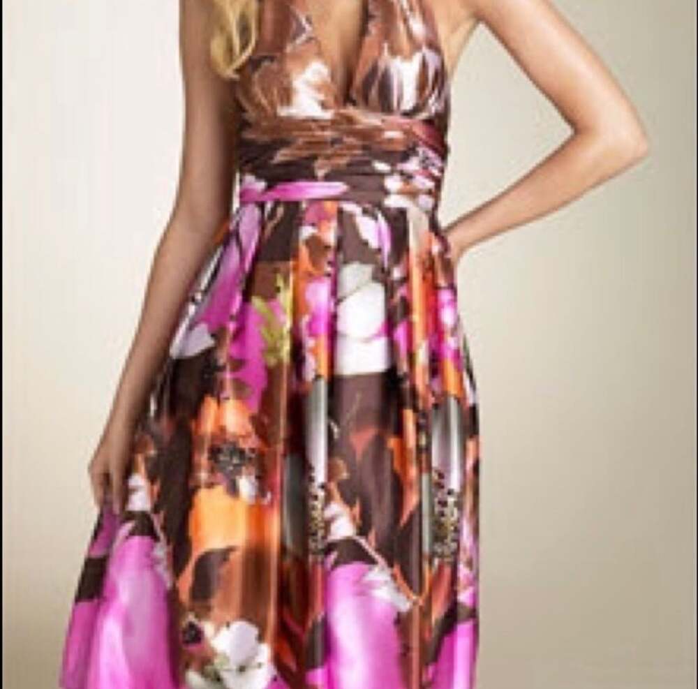 Tensione In Floral Print Sleeveless V-Neck Silk Dress with Belt